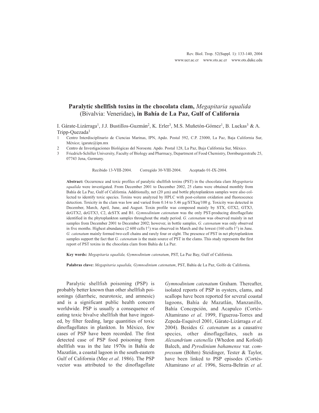 Paralytic Shellfish Toxins in the Chocolata Clam, Megapitaria Squalida (Bivalvia: Veneridae), in Bahía De La Paz, Gulf of California