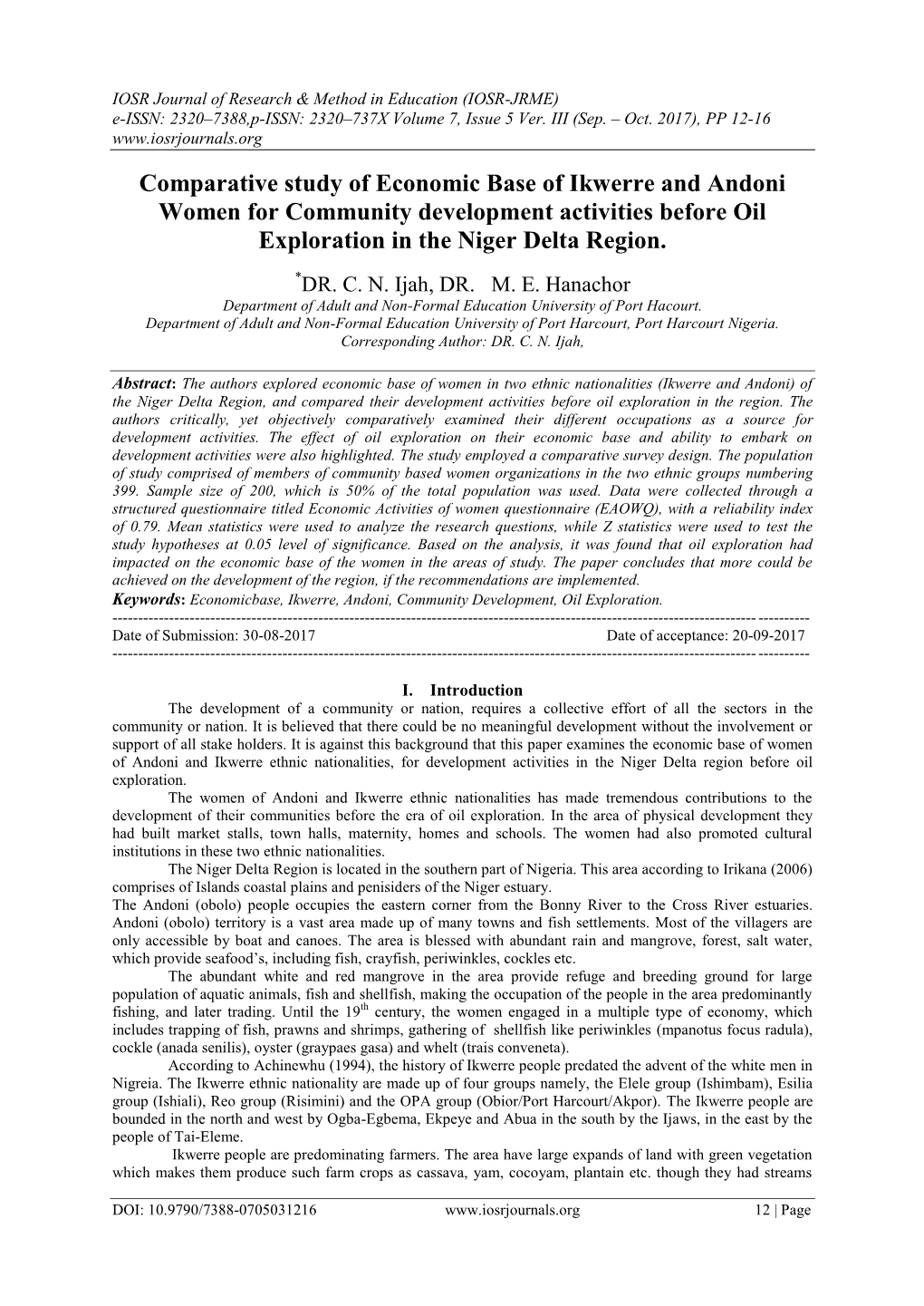 Comparative Study of Economic Base of Ikwerre and Andoni Women for Community Development Activities Before Oil Exploration in the Niger Delta Region