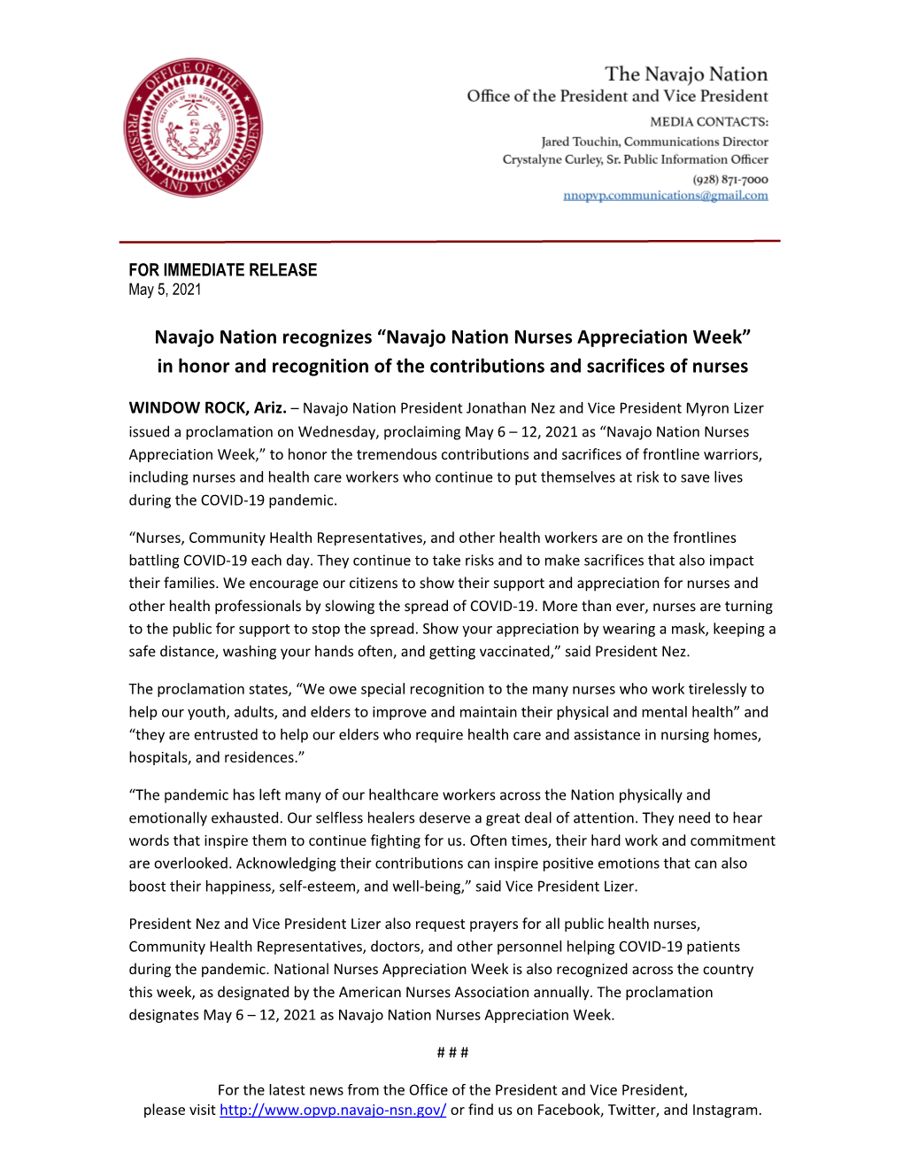 Navajo Nation Recognizes “Navajo Nation Nurses Appreciation Week” in Honor and Recognition of the Contributions and Sacrifices of Nurses