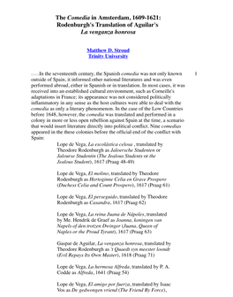 Rodenburgh's Translation of Aguilar's La Venganza Honrosa