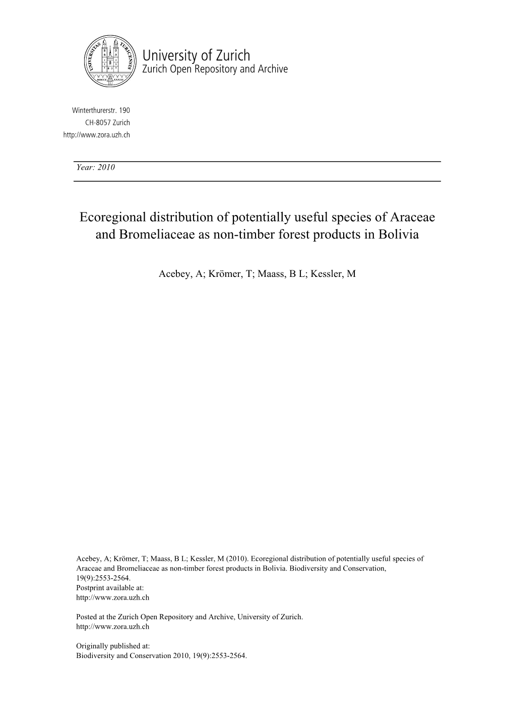 Ecoregional Distribution of Potentially Useful Species of Araceae and Bromeliaceae As Non-Timber Forest Products in Bolivia