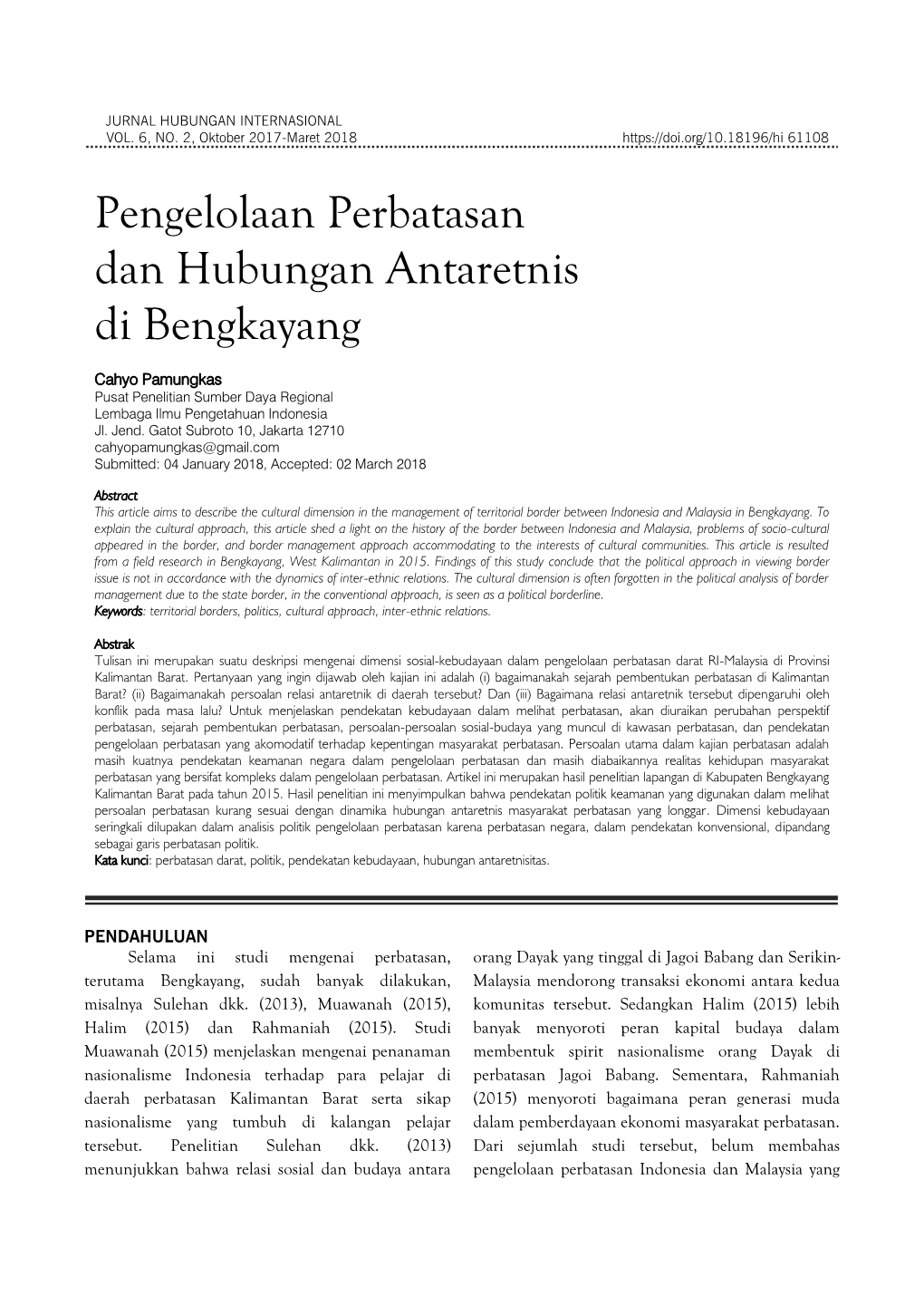 Pengelolaan Perbatasan Dan Hubungan Antaretnis Di Bengkayang