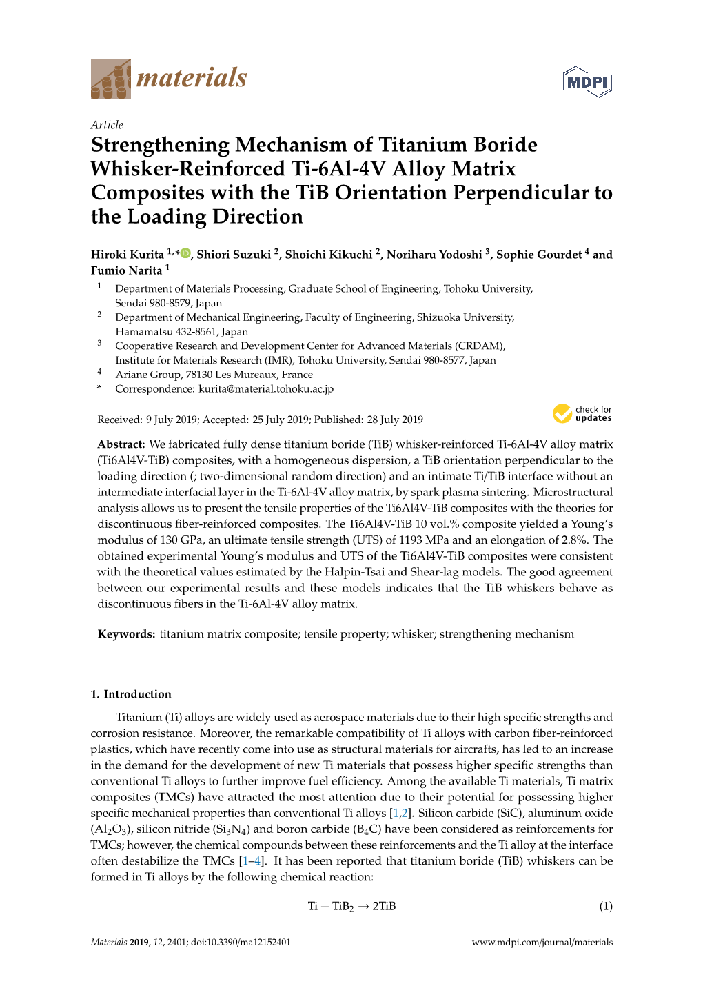 Strengthening Mechanism of Titanium Boride Whisker-Reinforced Ti-6Al-4V Alloy Matrix Composites with the Tib Orientation Perpendicular to the Loading Direction