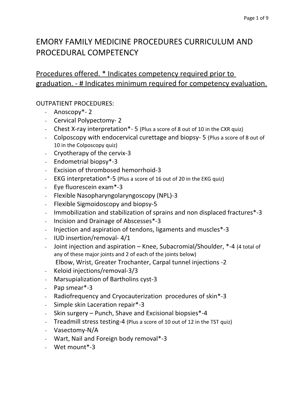 Emory Family Medicine Procedures Curriculum and Procedural Competency