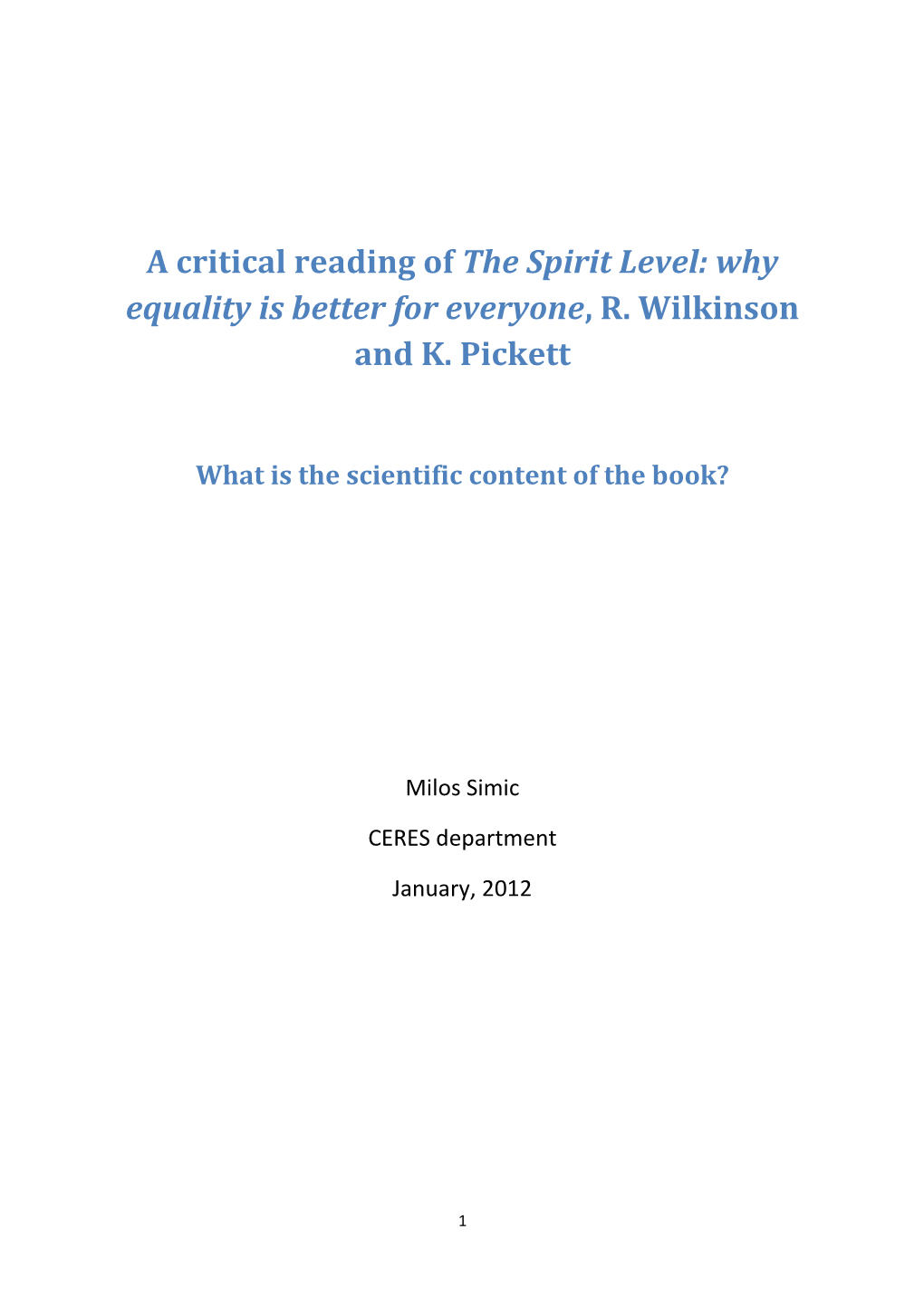 A Critical Reading of the Spirit Level: Why Equality Is Better for Everyone, R