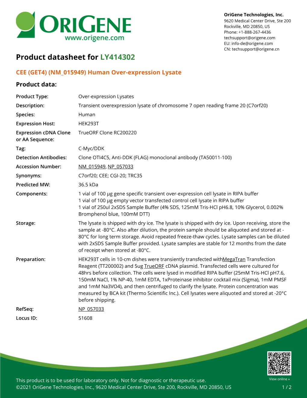 CEE (GET4) (NM 015949) Human Over-Expression Lysate Product Data