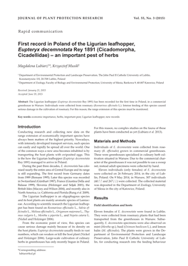 First Record in Poland of the Ligurian Leafhopper, Eupteryx Decemnotata Rey 1891 (Cicadomorpha, Cicadellidae) – an Important Pest of Herbs