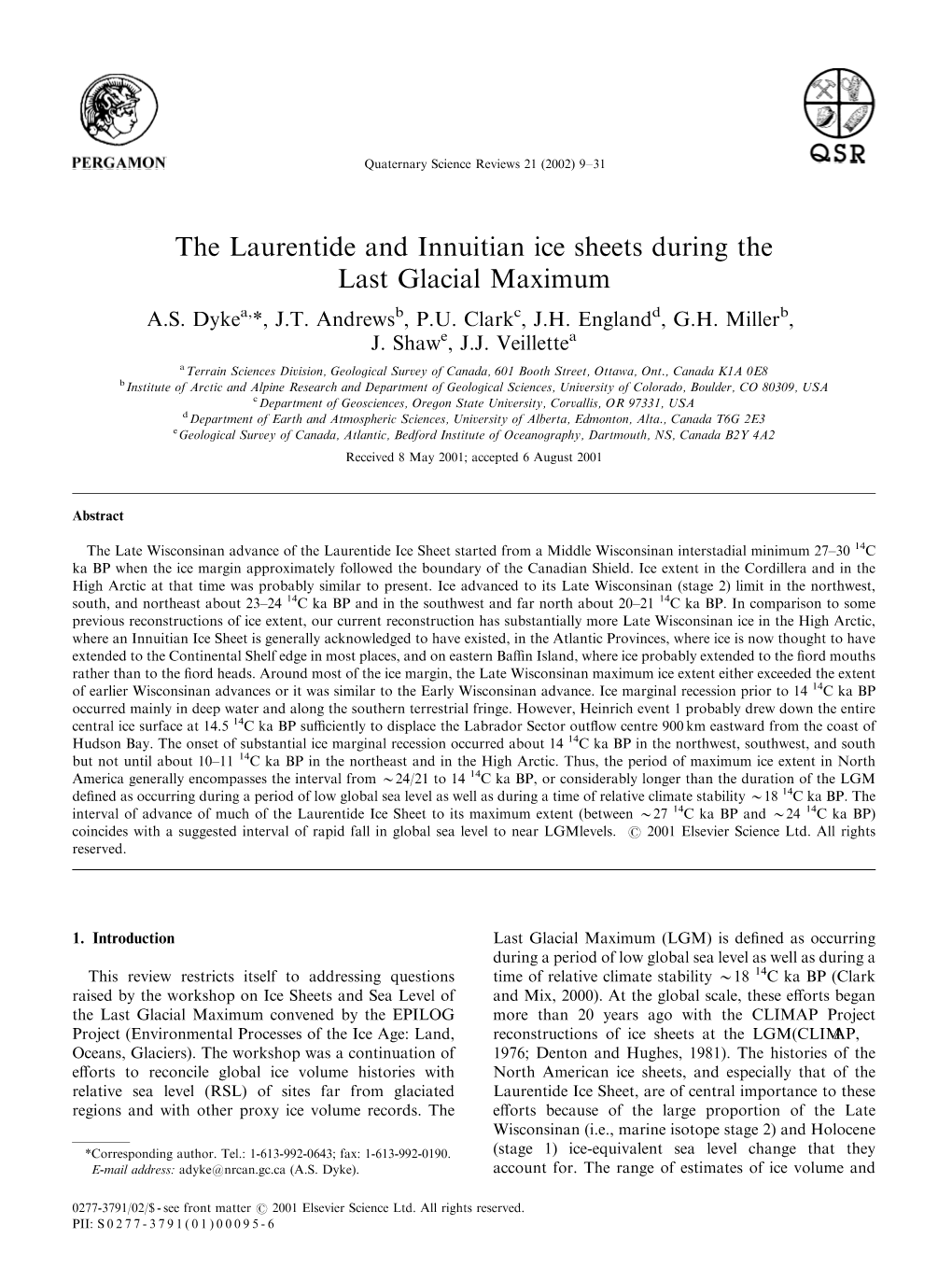 The Laurentide and Innuitian Ice Sheets During the Last Glacial Maximum A.S