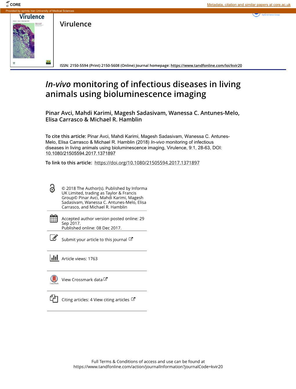 In-Vivo Monitoring of Infectious Diseases in Living Animals Using Bioluminescence Imaging