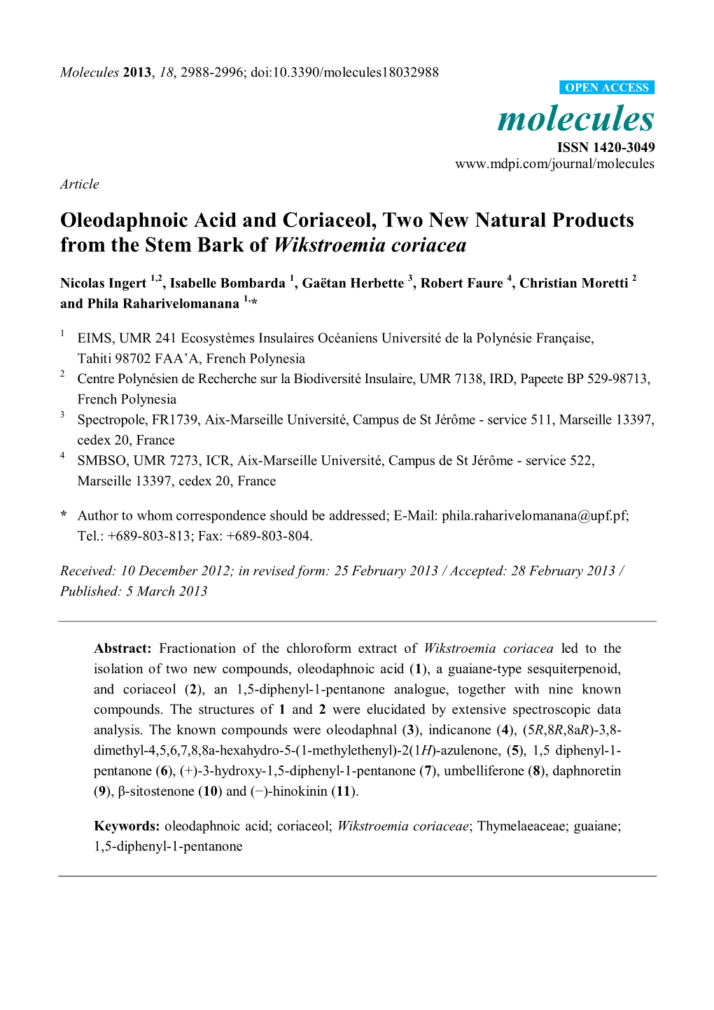 Oleodaphnoic Acid and Coriaceol, Two New Natural Products from the Stem Bark of Wikstroemia Coriacea