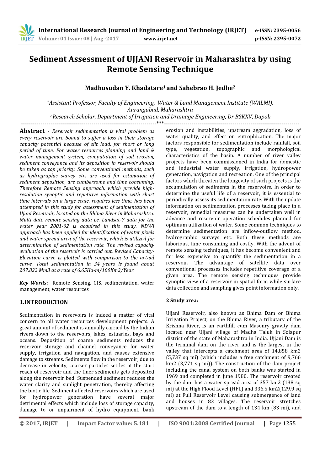 Sediment Assessment Of Ujjani Reservoir In Maharashtra By Using Remote 