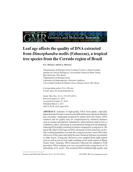 Leaf Age Affects the Quality of DNA Extracted from Dimorphandra Mollis (Fabaceae), a Tropical Tree Species from the Cerrado Region of Brazil