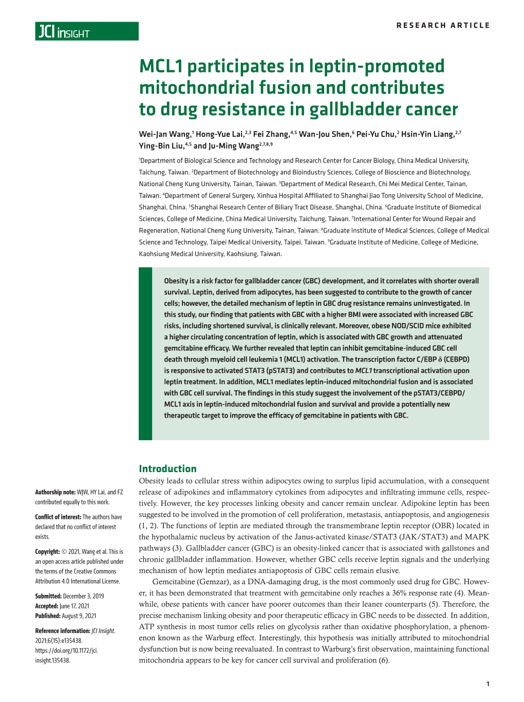 MCL1 Participates in Leptin-Promoted Mitochondrial Fusion and Contributes to Drug Resistance in Gallbladder Cancer Wei-Jan Wang1