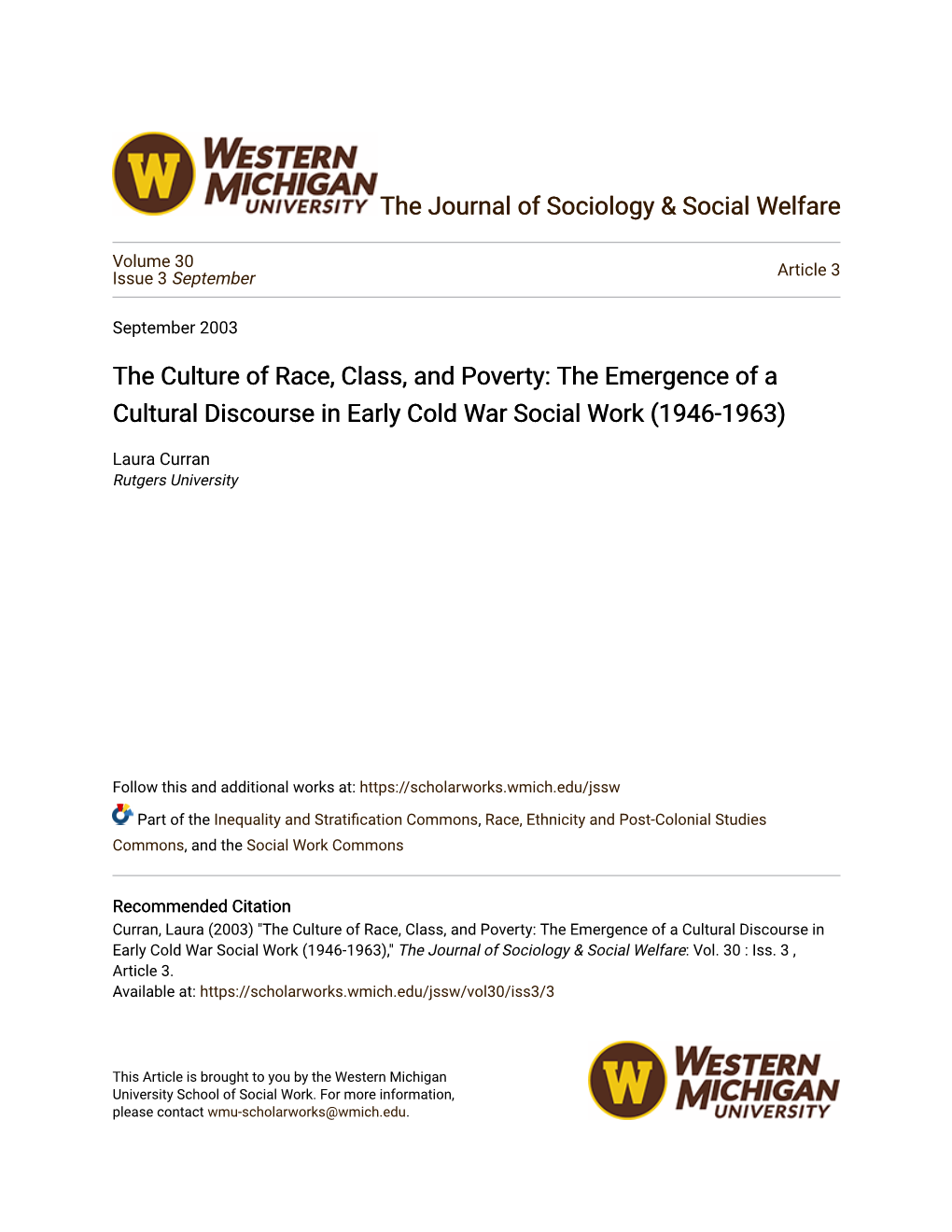 The Culture of Race, Class, and Poverty: the Emergence of a Cultural Discourse in Early Cold War Social Work (1946-1963)