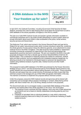 A DNA Database in the NHS: Your Freedom up for Sale?