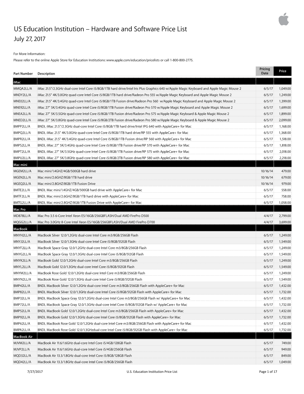 Apple US Education Institution Price List