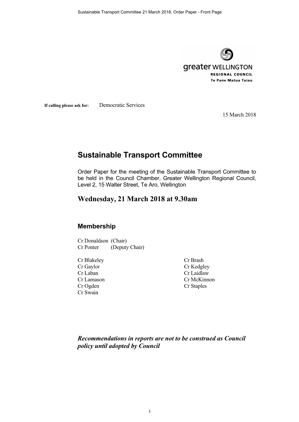 Sustainable Transport Committee 21 March 2018, Order Paper - Front Page