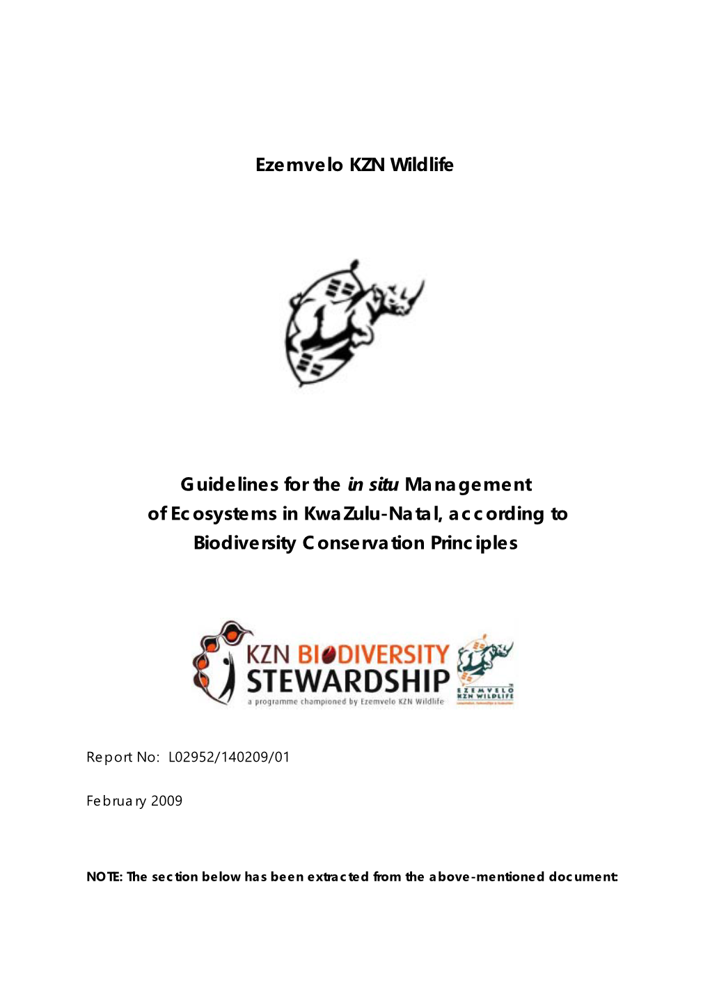 Ezemvelo KZN Wildlife Guidelines for the in Situ Management Of