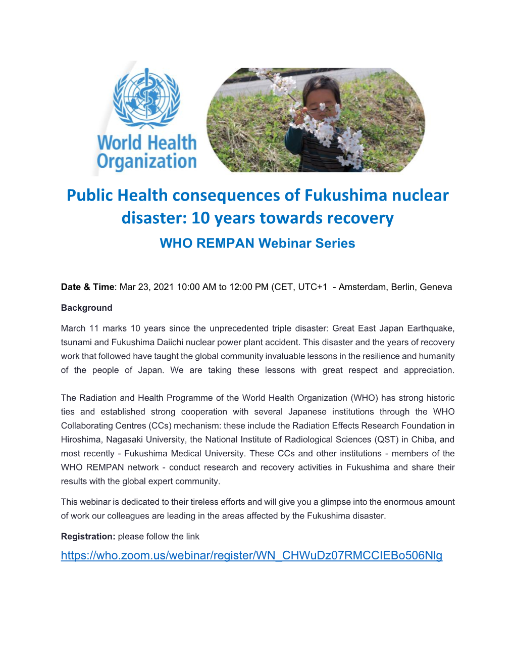 Public Health Consequences of Fukushima Nuclear Disaster: 10 Years Towards Recovery WHO REMPAN Webinar Series