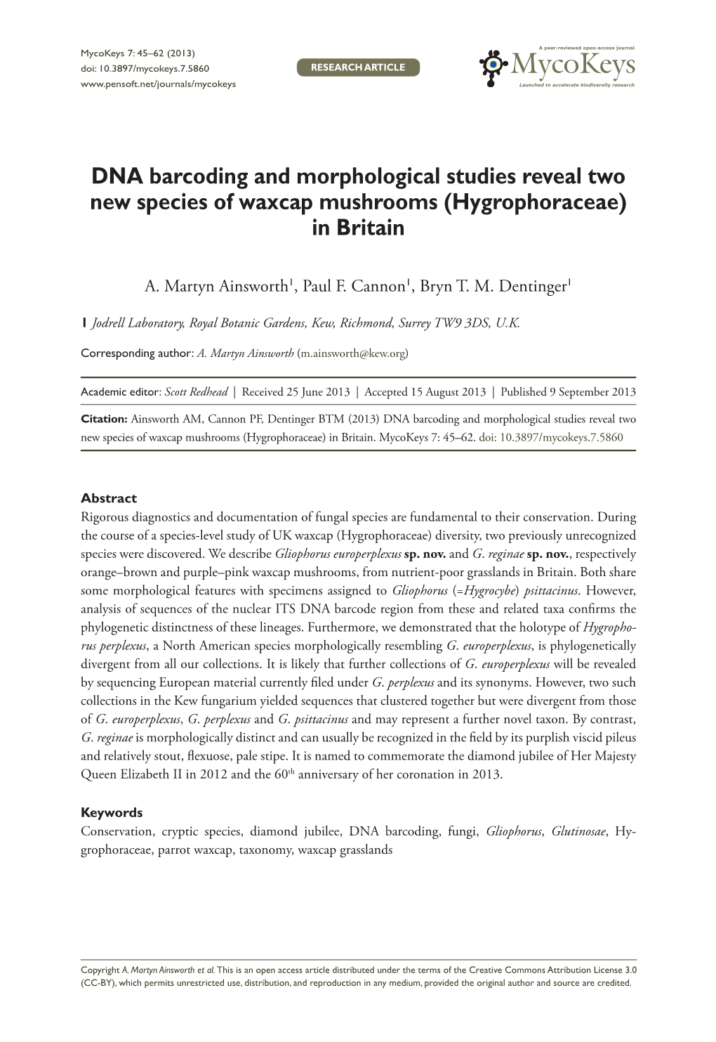 DNA Barcoding and Morphological Studies Reveal Two New Species of Waxcap Mushrooms (Hygrophoraceae) in Britain