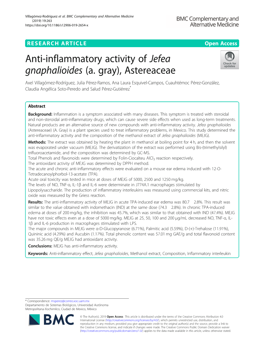 Anti-Inflammatory Activity of Jefea Gnaphalioides (A. Gray), Astereaceae