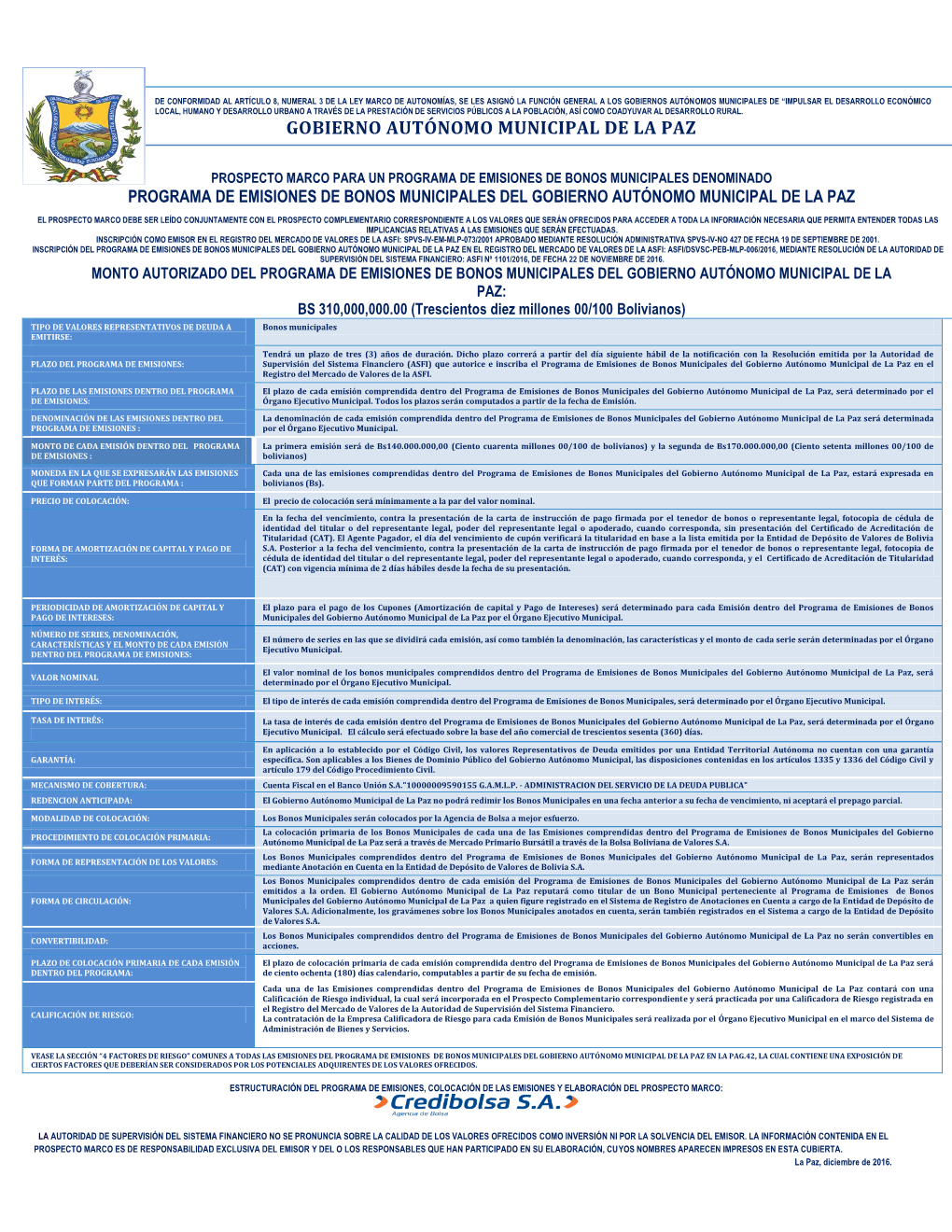 Programa De Emisiones De Bonos Municipales Del Gobierno Autónomo Municipal De La Paz