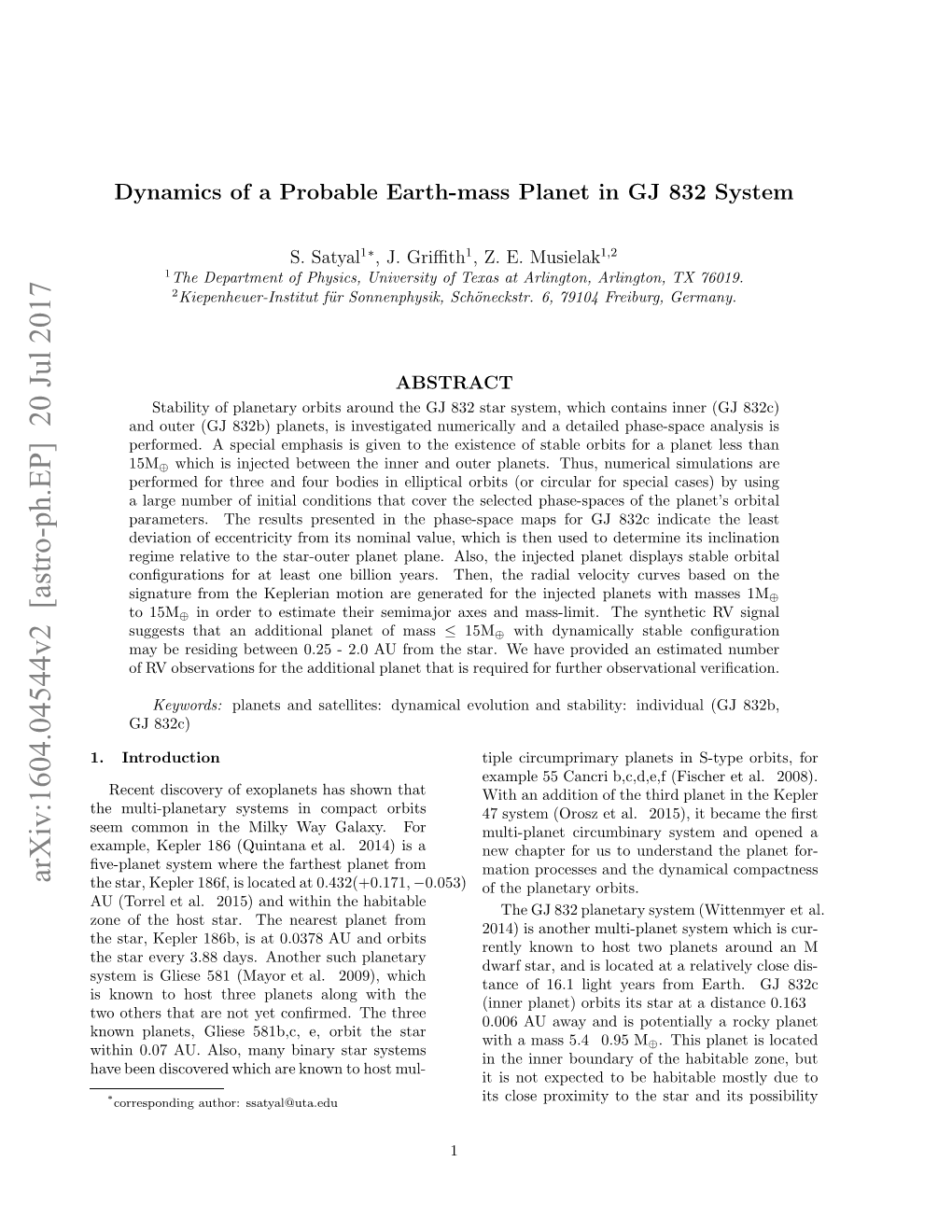 Arxiv:1604.04544V2 [Astro-Ph.EP] 20 Jul 2017 Ihn00 U Lo Aybnr Trsystems Mul- Star Host Star to Known the Binary Are Which Many Discovered Orbit Been Also, Have E, AU