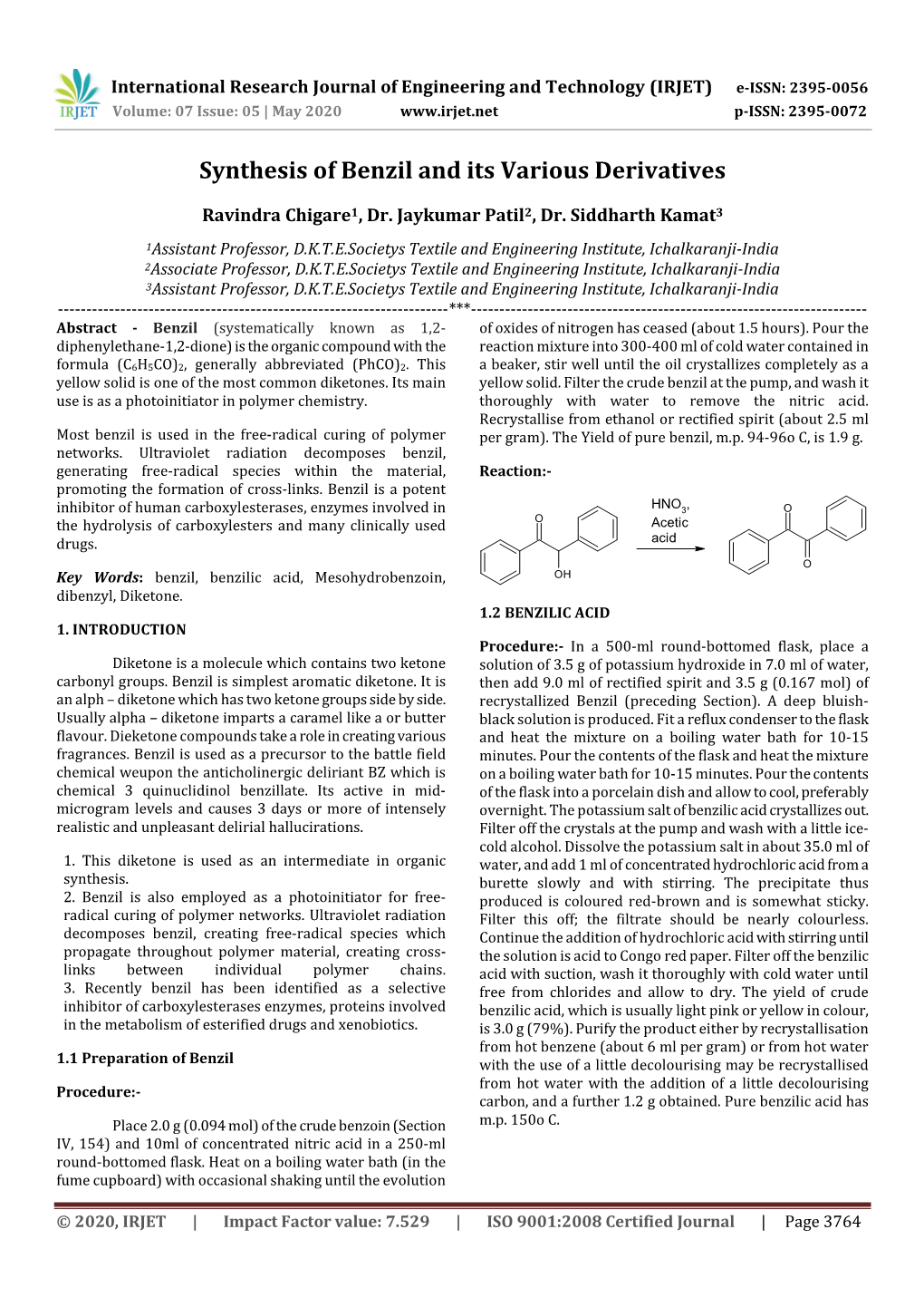 Synthesis of Benzil and Its Various Derivatives