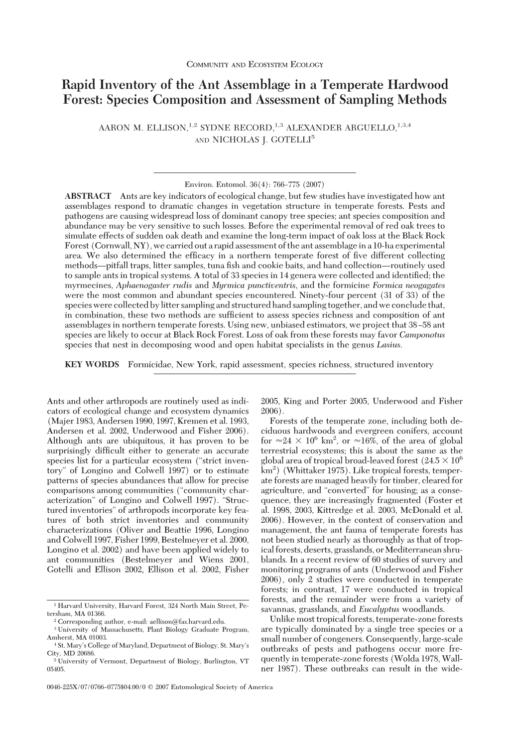 Rapid Inventory of the Ant Assemblage in a Temperate Hardwood Forest: Species Composition and Assessment of Sampling Methods