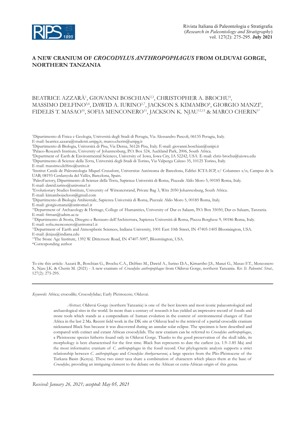 A New Cranium of Crocodylus Anthropophagus from Olduvai Gorge, Northern Tanzania Beatrice Azzarà1, Giovanni Boschian2,3, Christ