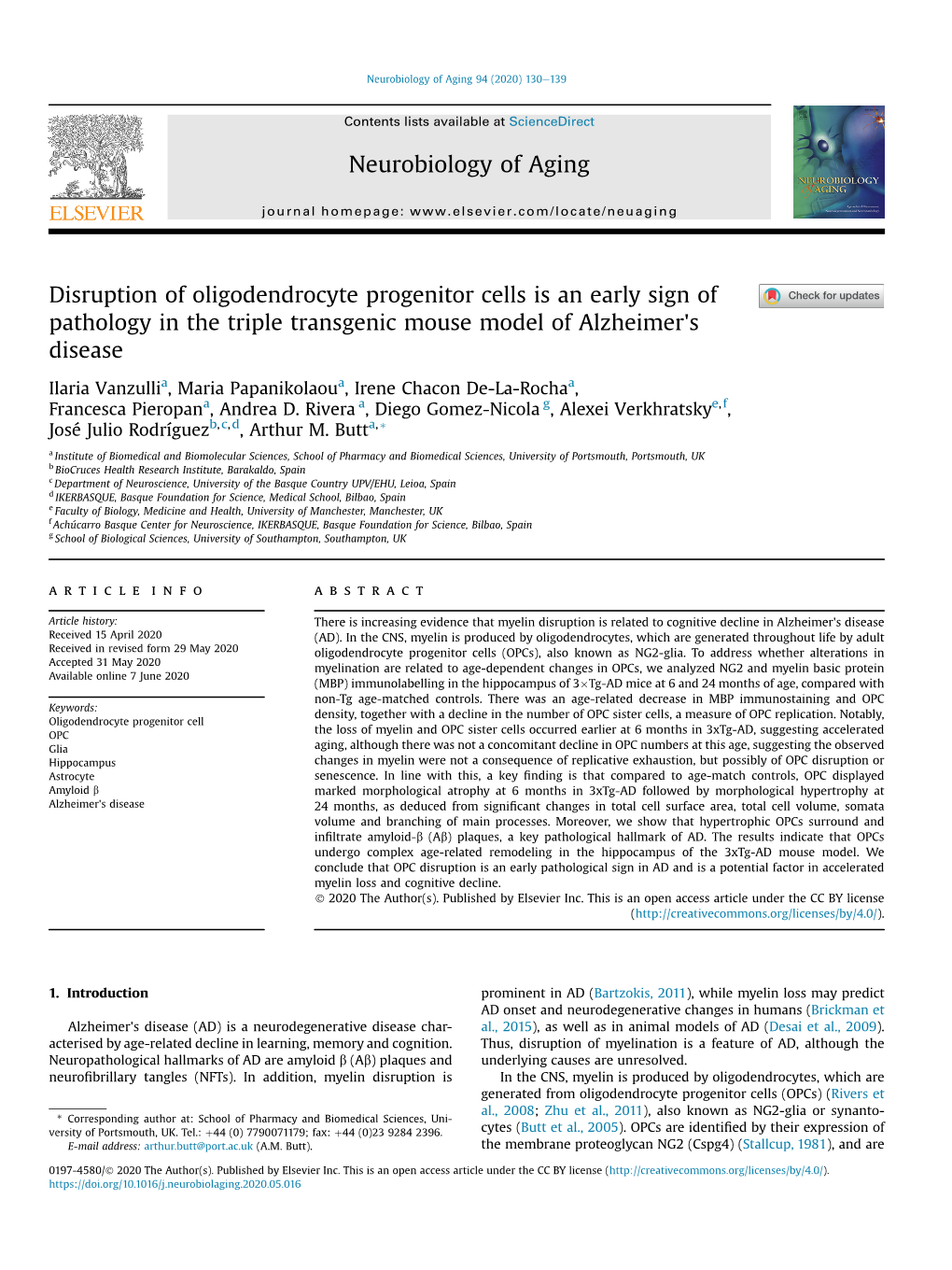 Disruption of Oligodendrocyte Progenitor Cells Is an Early Sign of Pathology in the Triple Transgenic Mouse Model of Alzheimer's Disease