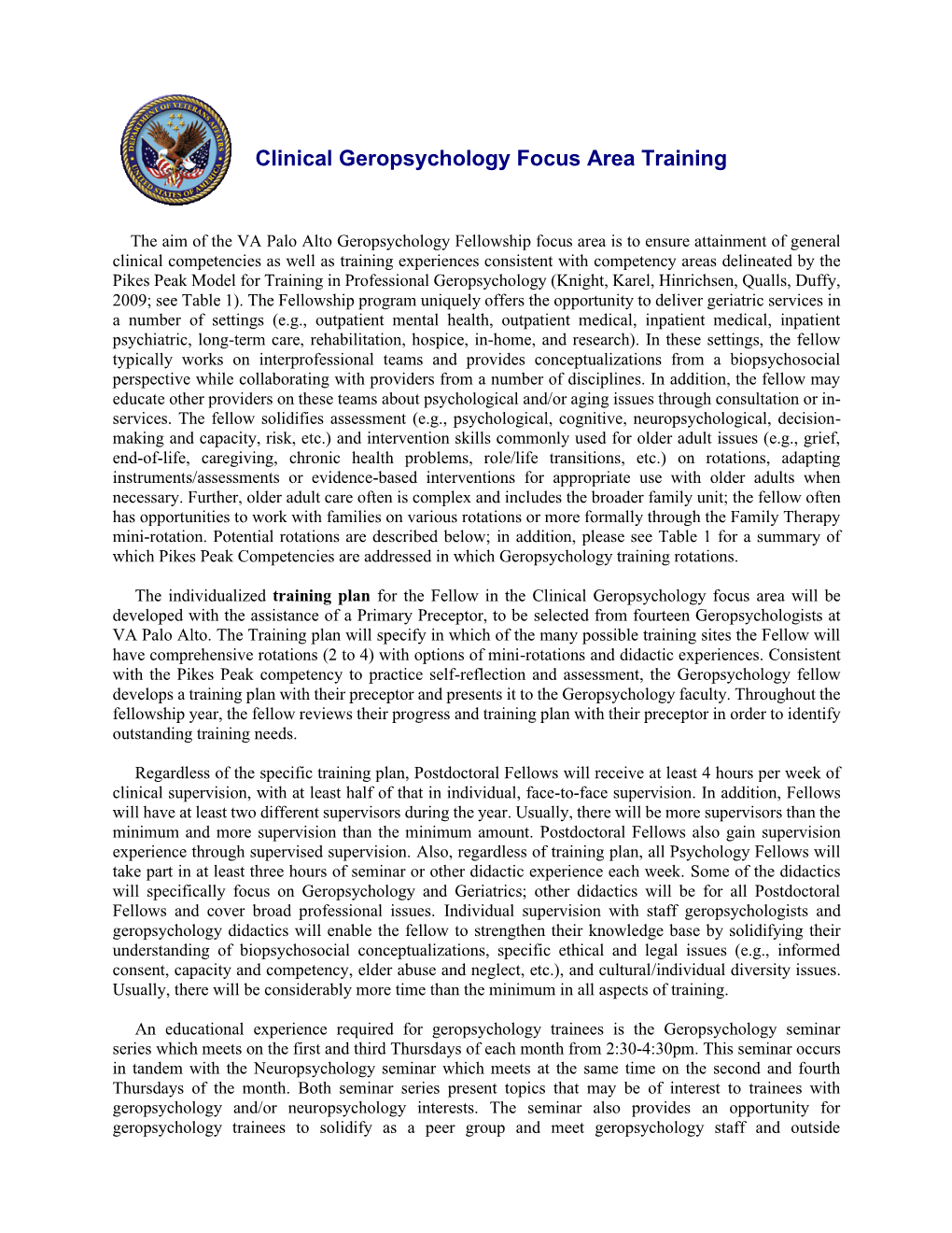 Clinical Geropsychology Focus Area Training