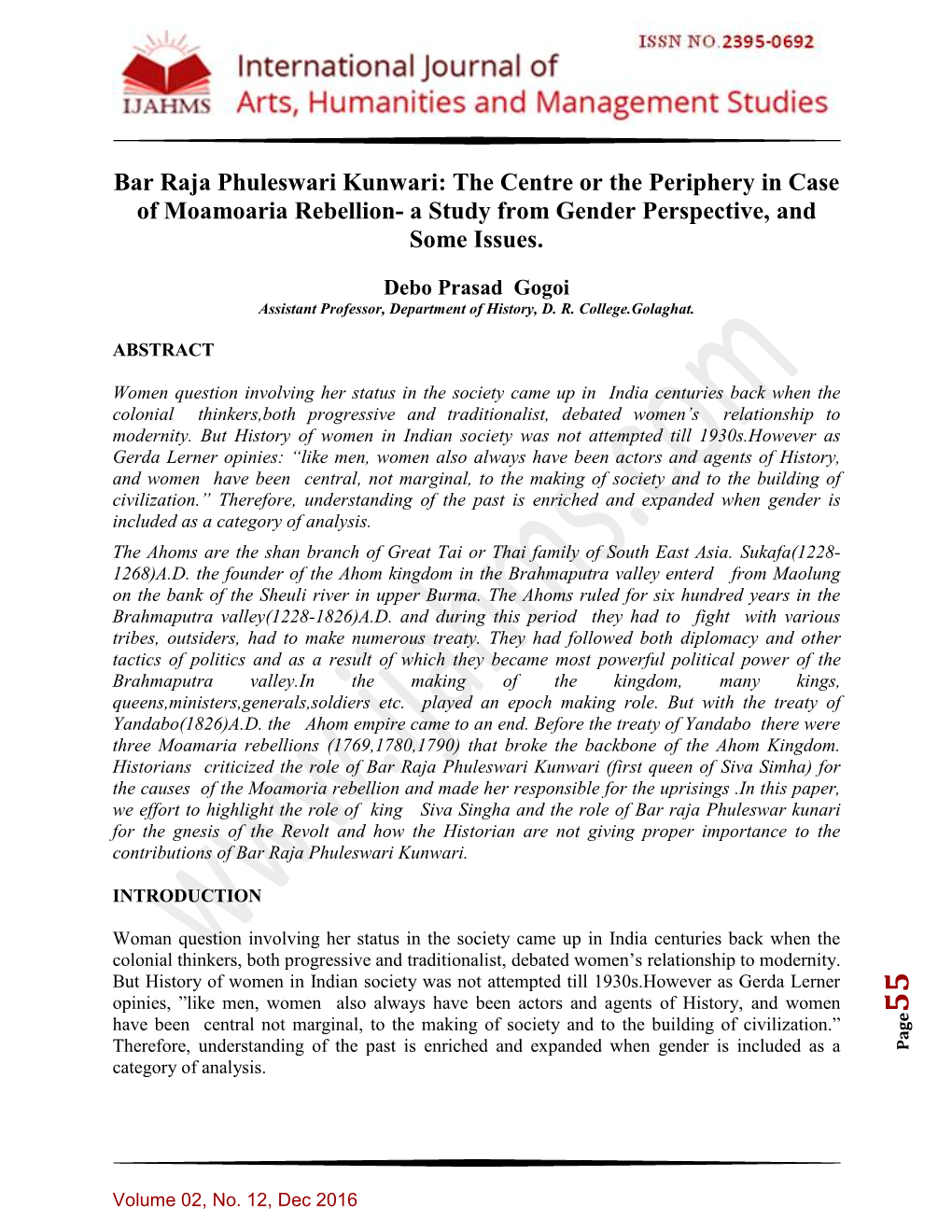 Bar Raja Phuleswari Kunwari: the Centre Or the Periphery in Case of Moamoaria Rebellion- a Study from Gender Perspective, and Some Issues