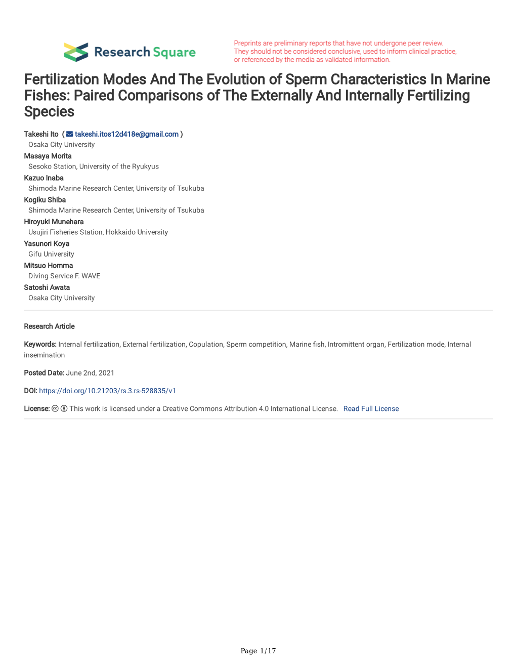 Fertilization Modes and the Evolution of Sperm Characteristics in Marine Fishes: Paired Comparisons of the Externally and Internally Fertilizing Species