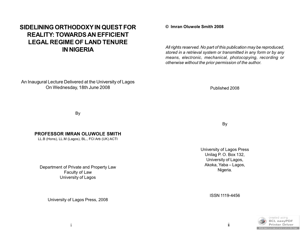 Sidelining Orthodoxy in Quest for Reality: Towards an Efficient Legal Regime of Land Tenure in Nigeria