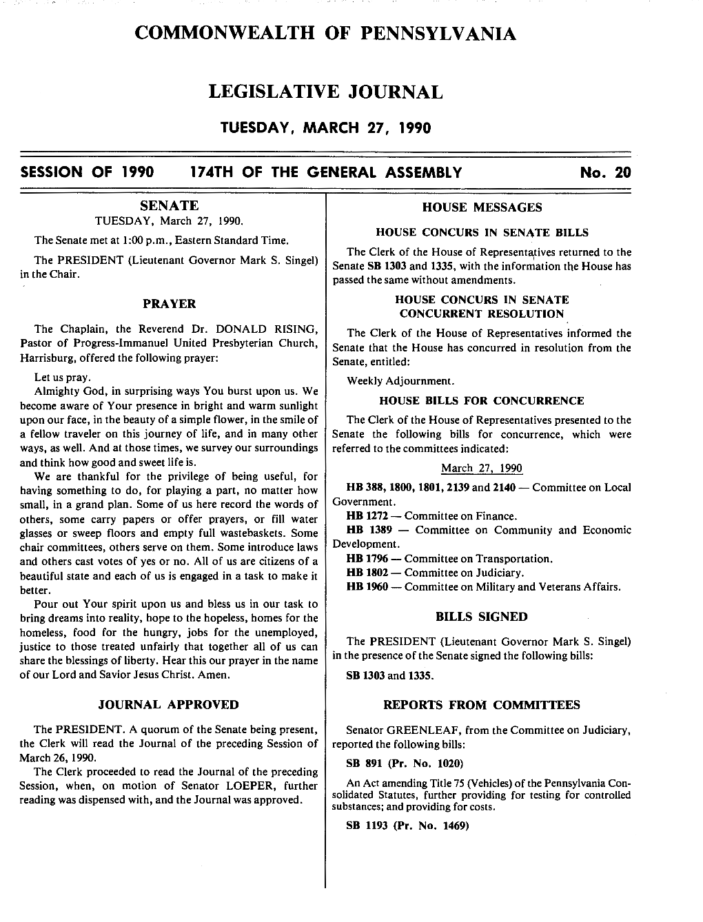 Commonwealth of Pennsylvania Legislative Journal