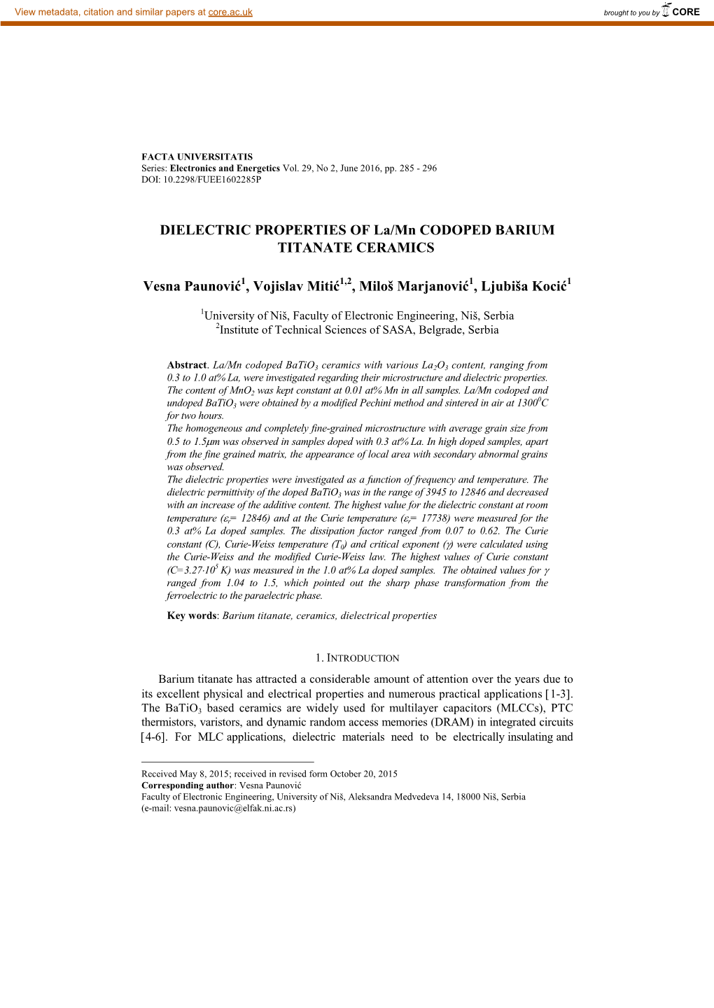 DIELECTRIC PROPERTIES of La/Mn CODOPED BARIUM TITANATE CERAMICS