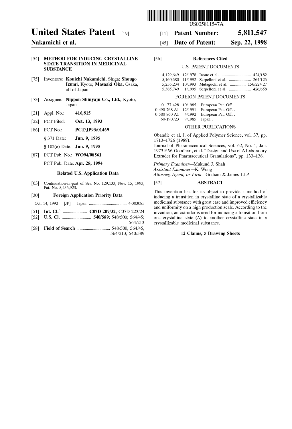 United States Patent (19) 11 Patent Number: 5,811,547 Nakamichi Et Al