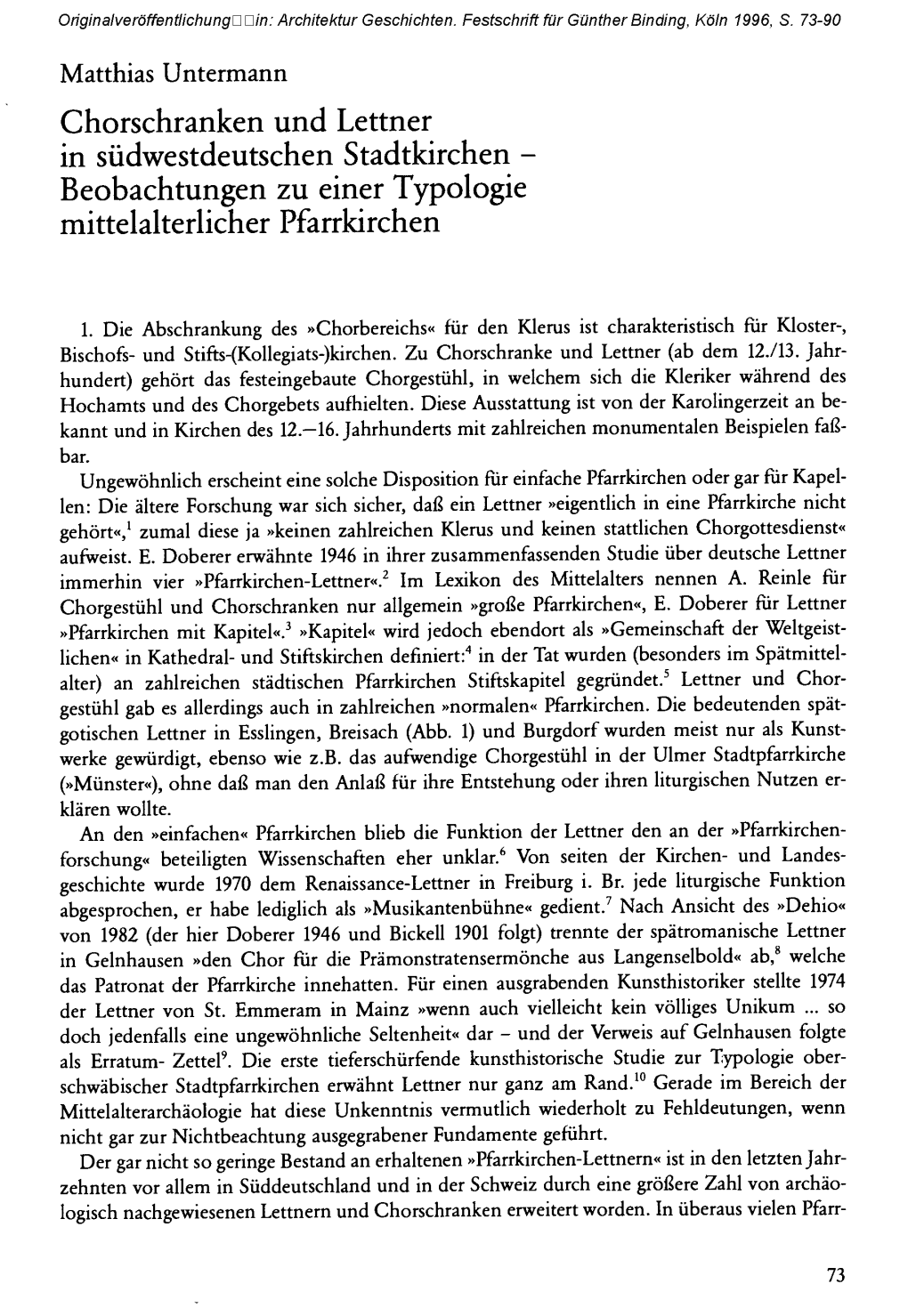 Chorschranken Und Lettner in Südwestdeutschen Stadtkirchen - Beobachtungen Zu Einer Typologie Mittelalterlicher Pfarrkirchen
