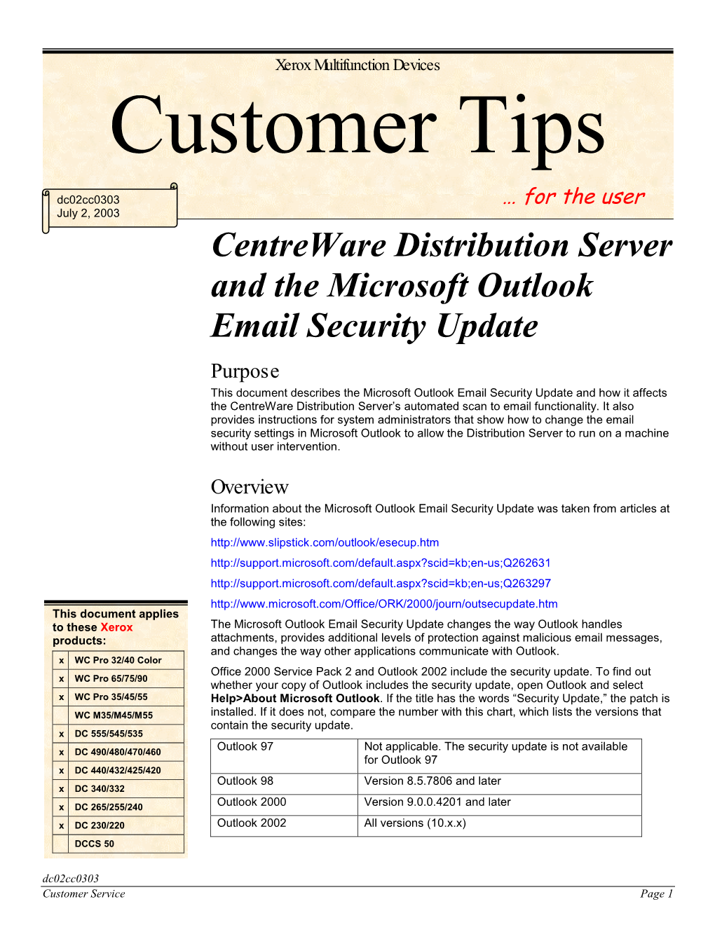 Centreware Distribution Server and the Microsoft Outlook Email Security