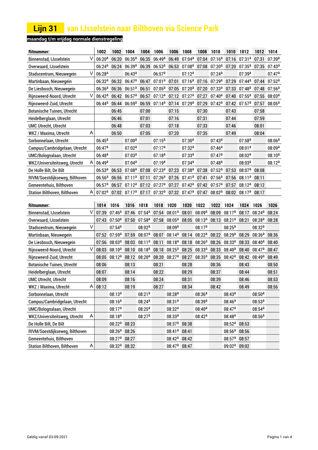 Lijn 31 Van Ijsselstein Naar Bilthoven Via Science Park Maandag T/M Vrijdag Normale Dienstregeling