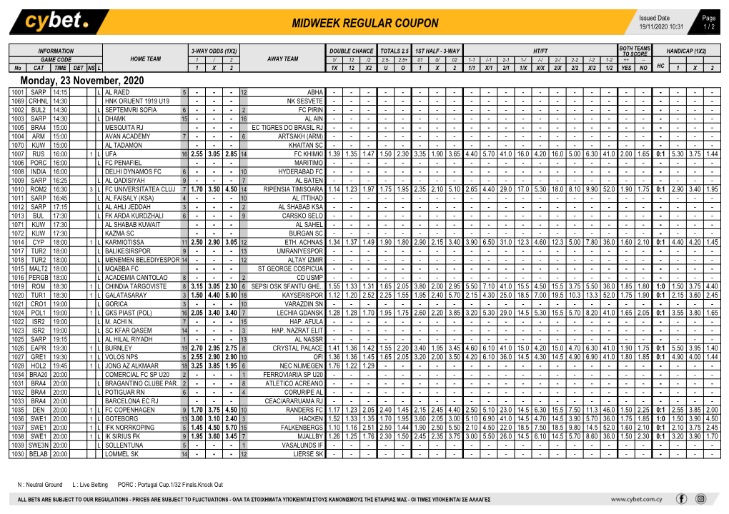 Midweek Regular Coupon 19/11/2020 10:31 1 / 2