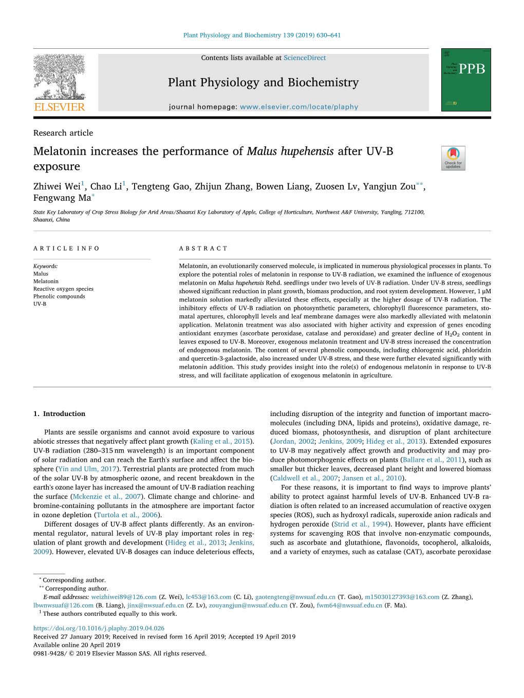 Melatonin Increases the Performance of Malus Hupehensis After UV-B Exposure T