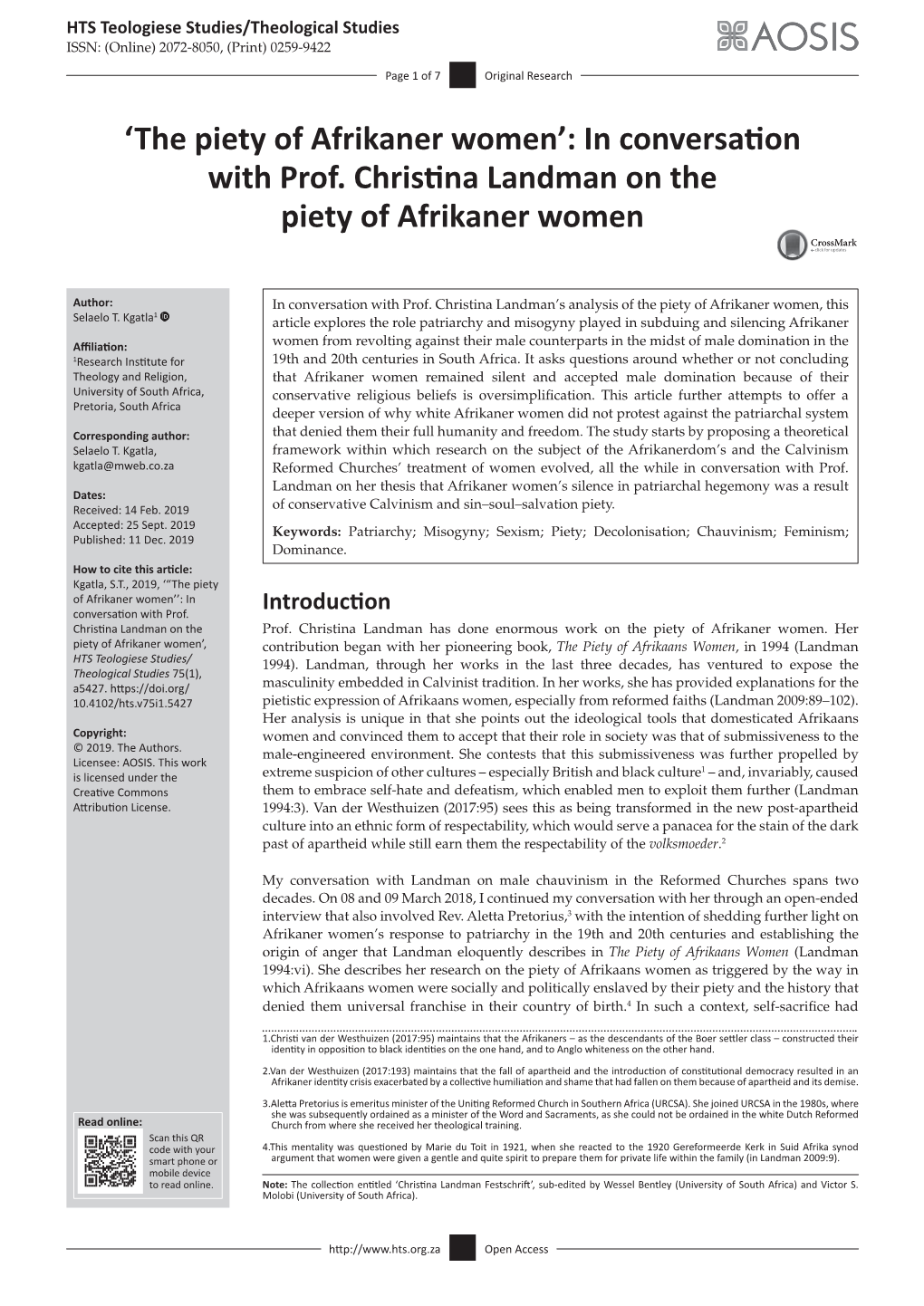 'The Piety of Afrikaner Women': in Conversation with Prof. Christina