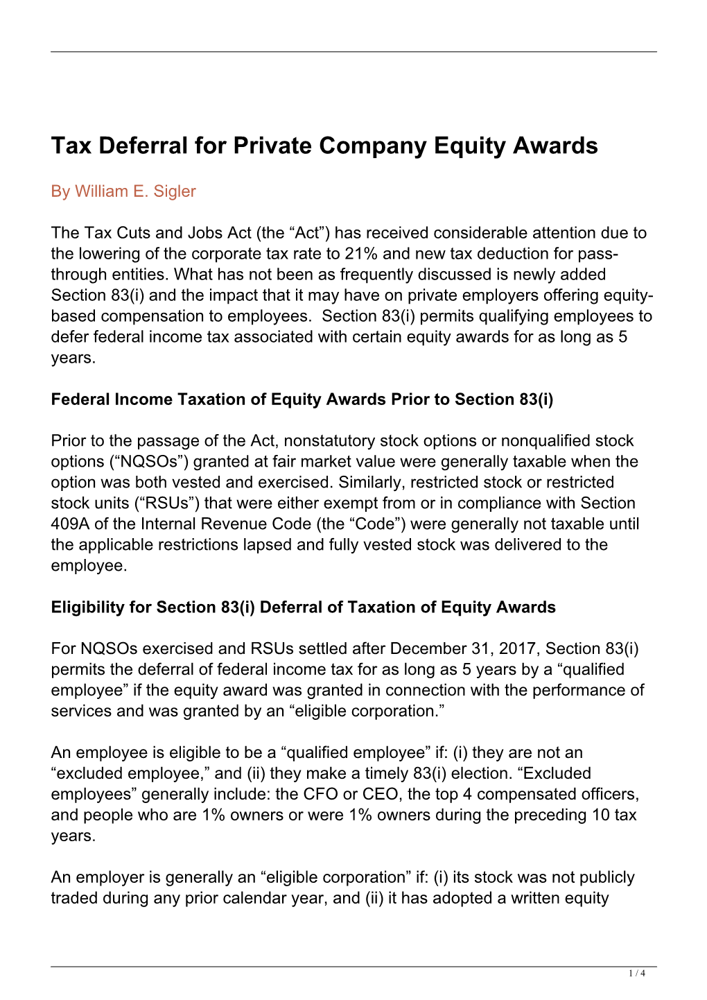 Tax Deferral for Private Company Equity Awards