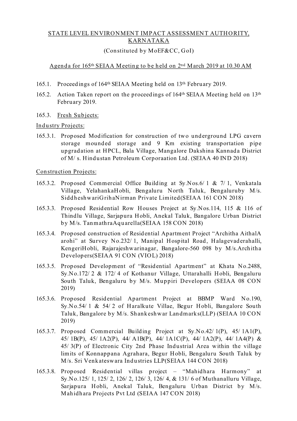 Agenda for 165Th SEIAA Meeting to Be Held on 2Nd March 2019 at 10.30 AM