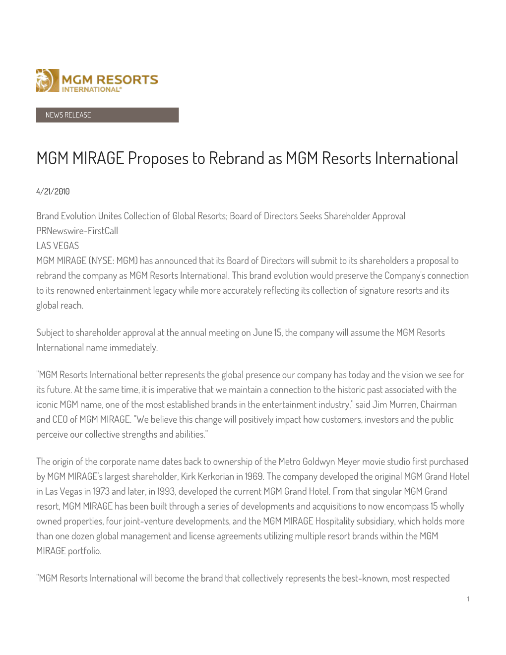 MGM MIRAGE Proposes to Rebrand As MGM Resorts International