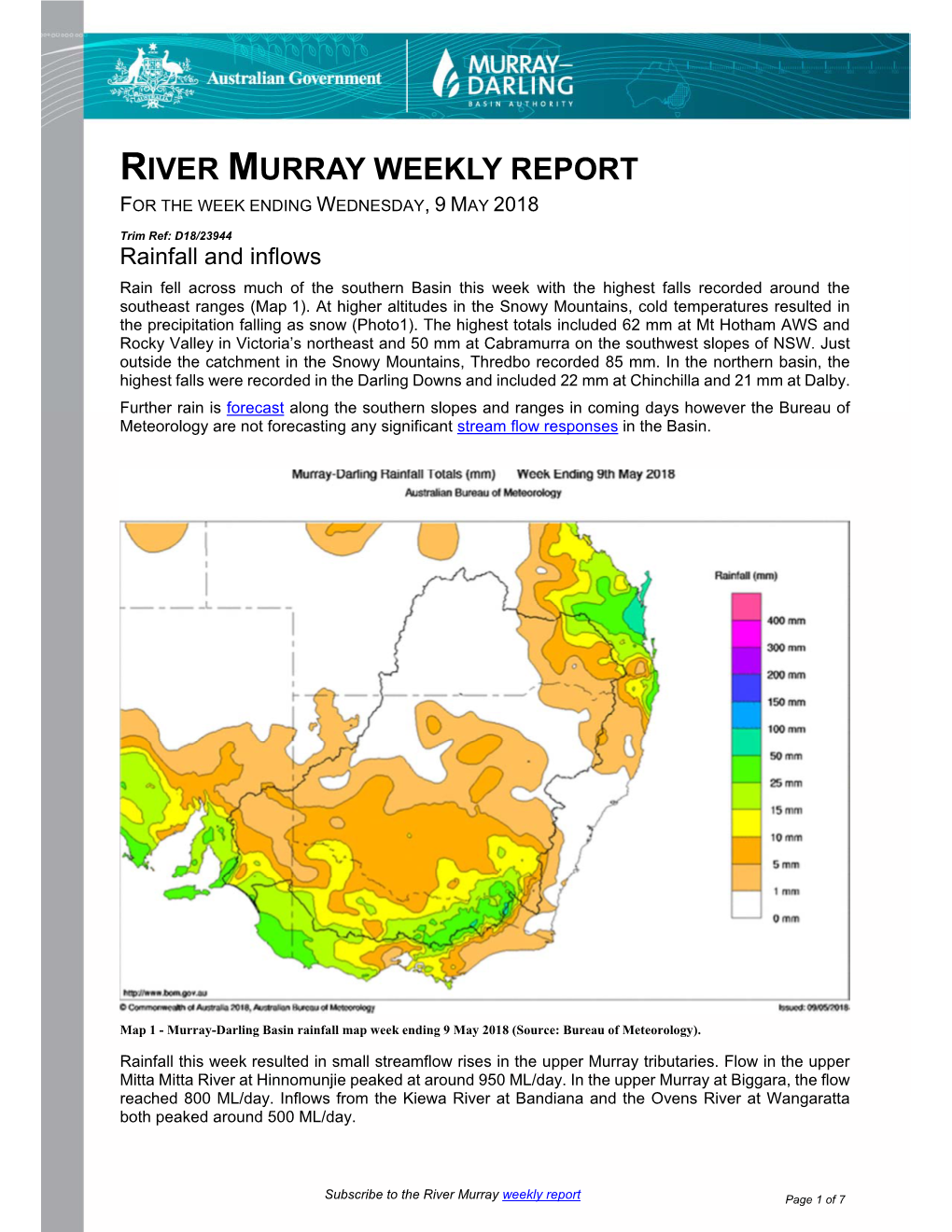 River Murray Weekly Report for the Week Ending Wednesday, 9 May 2018