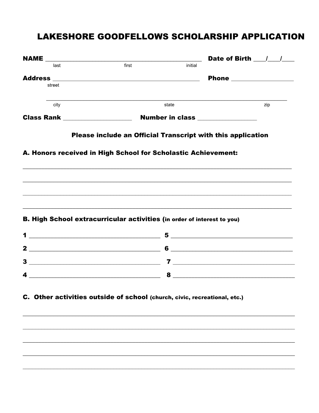 Lakeshore Goodfellows Scholarship Application