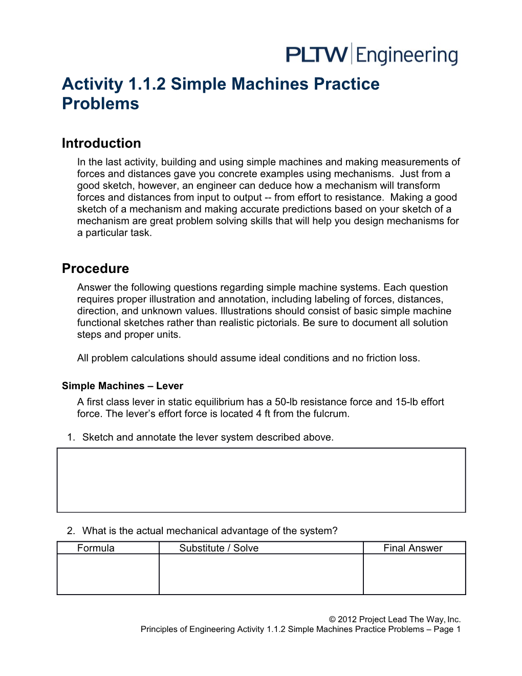 Activity 1.1.2 Simple Machines Practice Problems